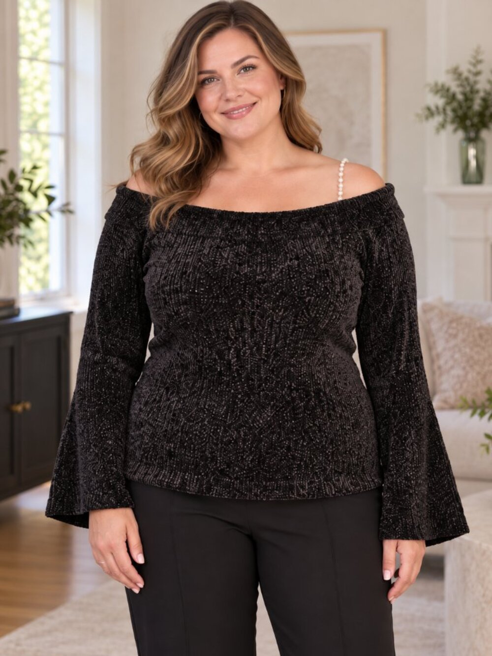 VENUS Black Off Shoulder Sweater 1X Plus Size Faux Pearl Strap Knit Top